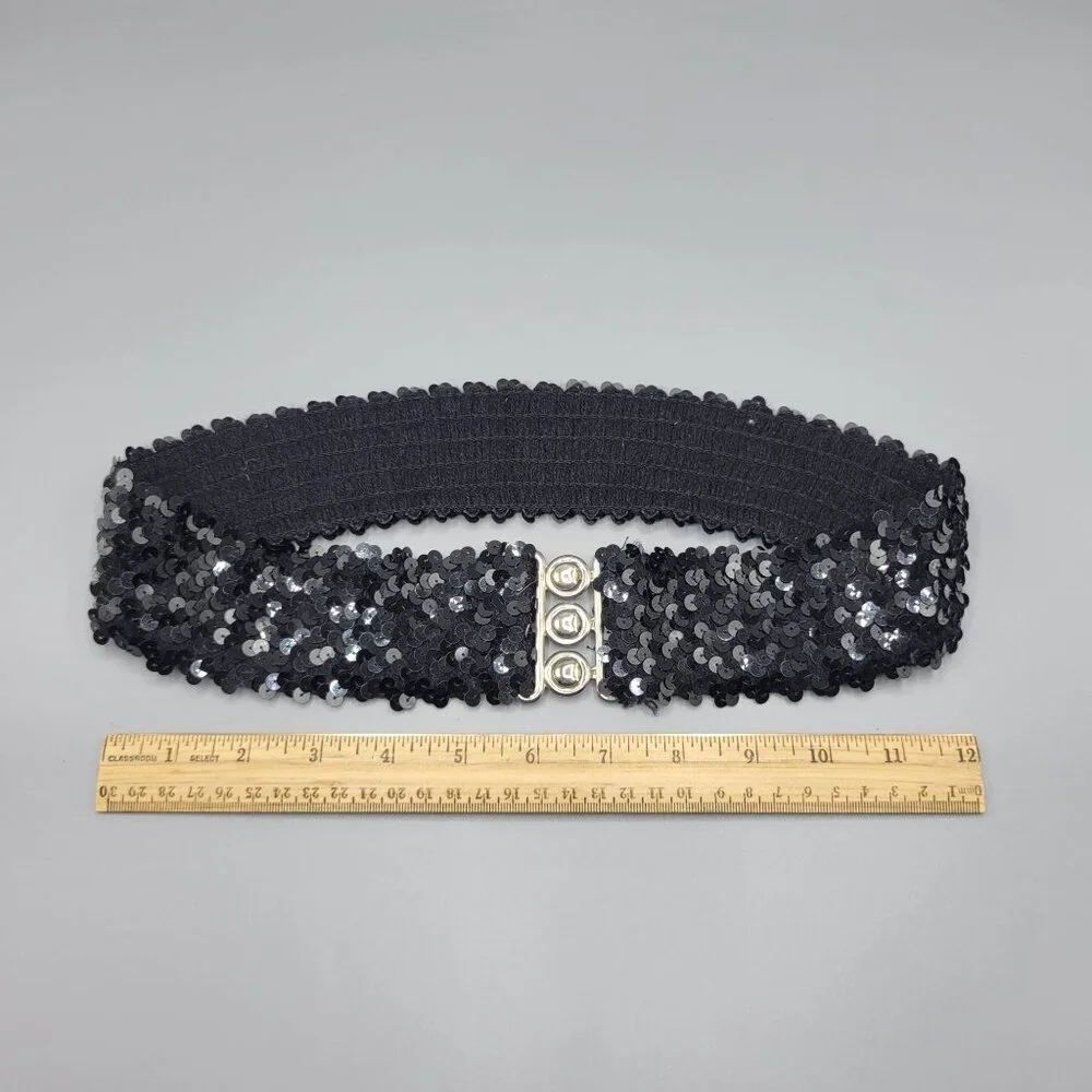 Vintage Black Sequin Elastic Stretch Belt Metal Clasp Closure Clubwear - Picture 6 of 6